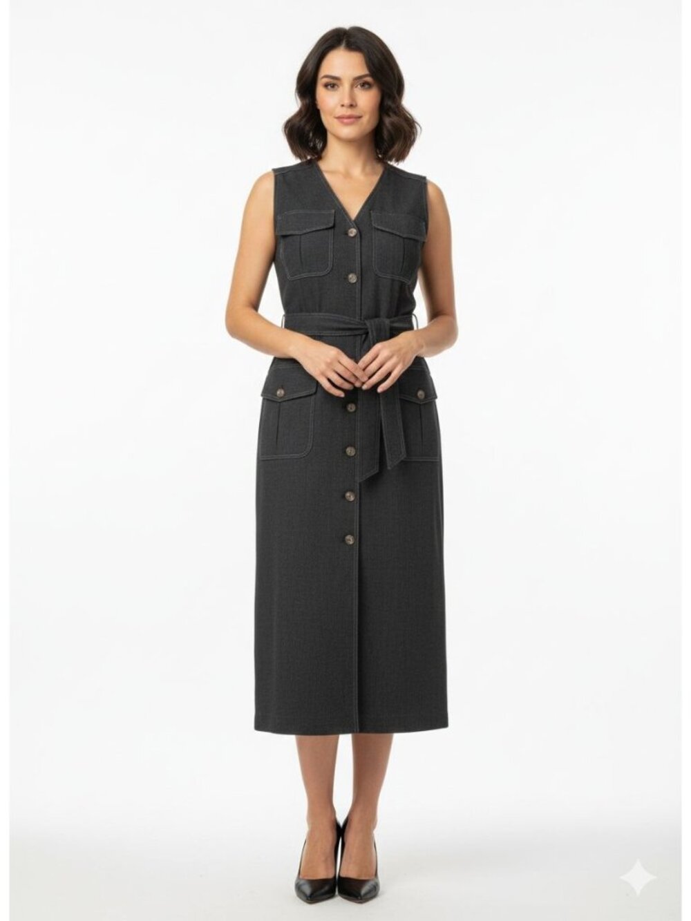Vintage 90s Emanuel Ungaro Wool Utility Safari Midi Dress 14 48 Charcoal Grey To